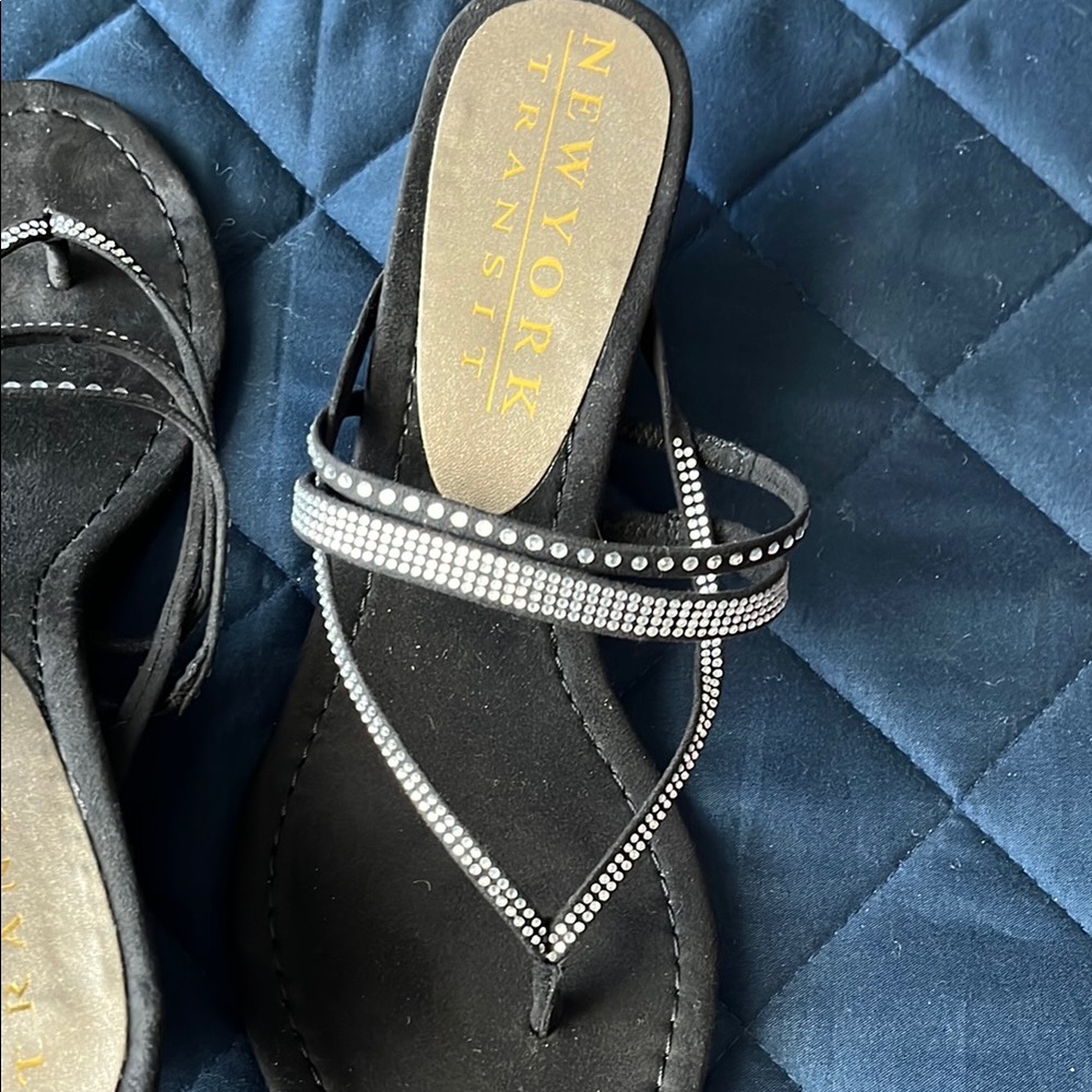 New York Transit Black Thong Sandals with Studded Strap
